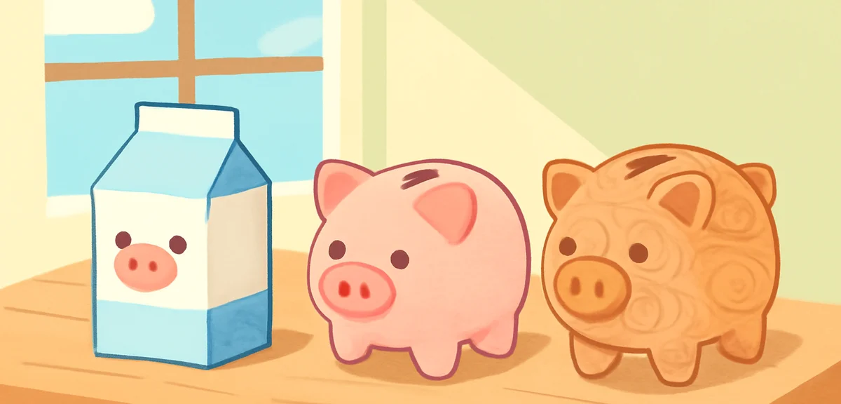 Three piggy banks of varying difficulty levels lined up on a craft table: a simple milk carton bank,