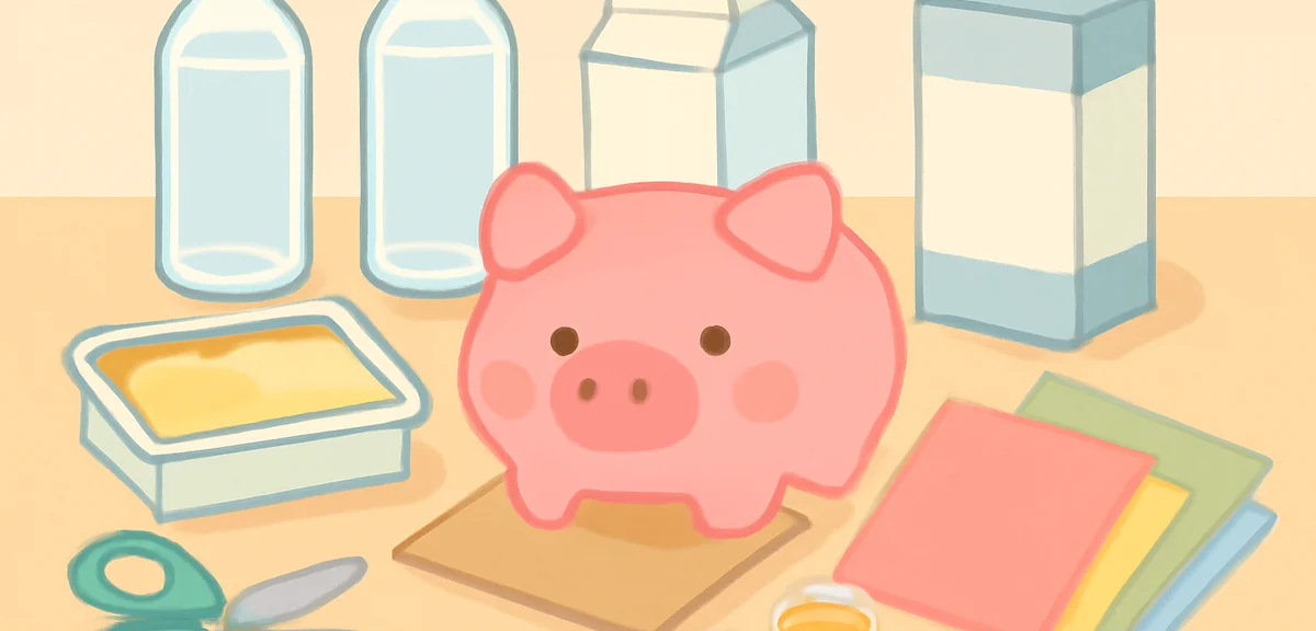 Various craft materials for piggy bank making spread on a table: empty plastic bottles, milk cartons