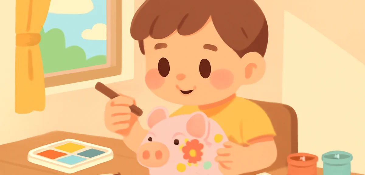 A child carefully painting and decorating a piggy bank with brushes and stickers, focused expression