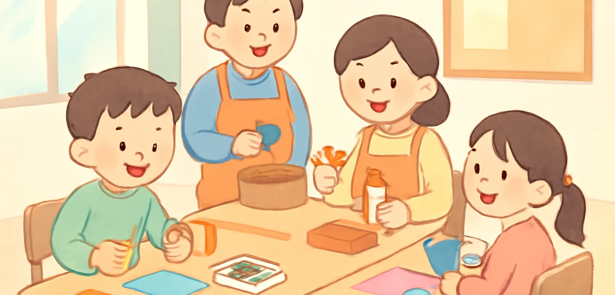 Free community workshop at a Japanese public hall with elementary kids creating handmade crafts, sim