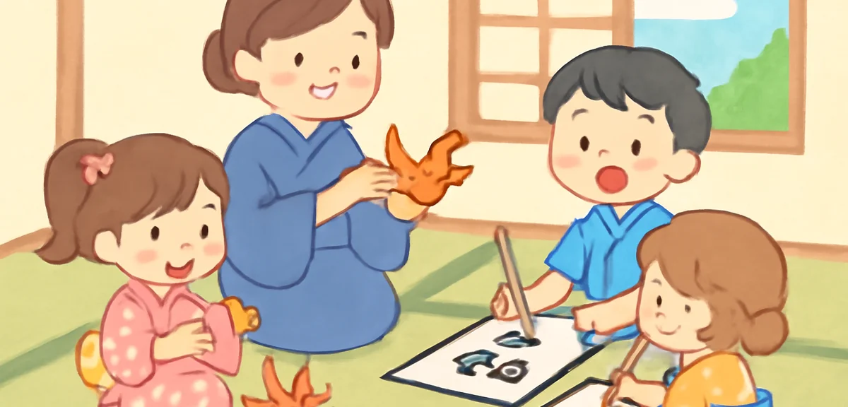 Traditional Japanese culture workshop with elementary kids learning origami and calligraphy in a tat