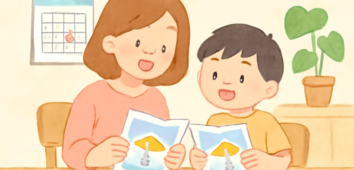 Parent and Japanese elementary child looking at summer workshop pamphlets at home with a calendar, m