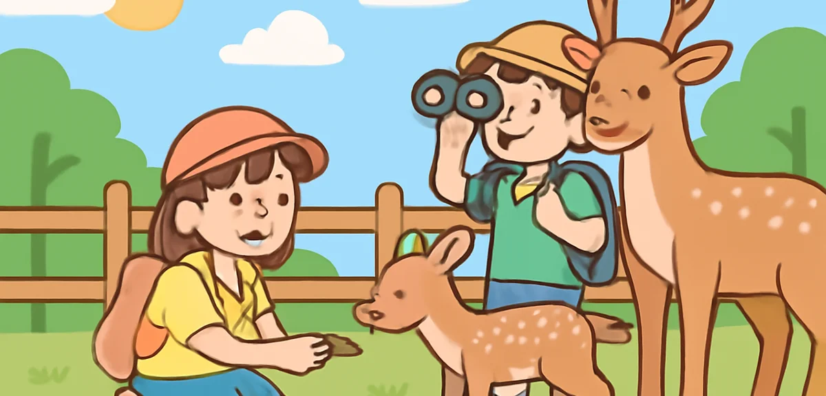Japanese elementary school kids feeding deer and observing animals at an outdoor zoo in summer, joyf