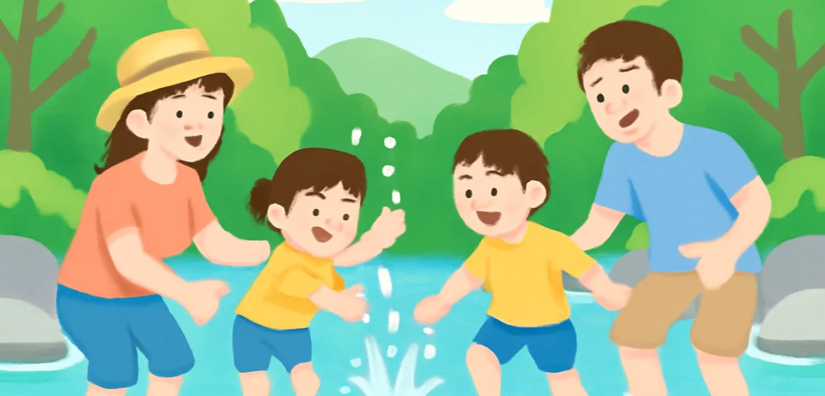 Family with elementary school kids enjoying a clear river splashing water in a forest valley, summer
