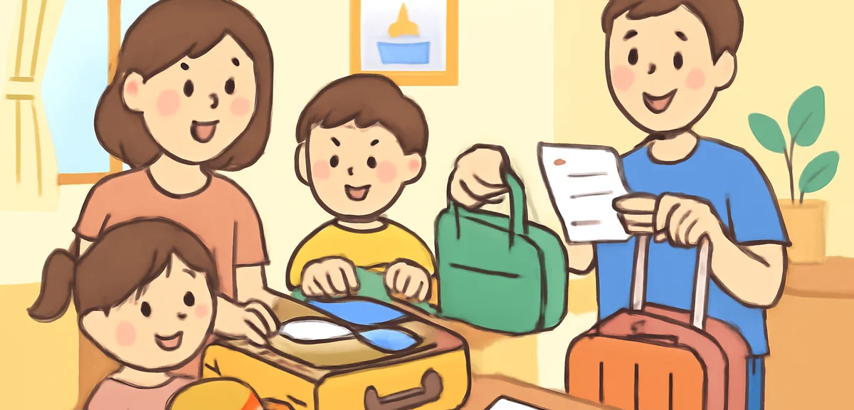Japanese family packing suitcases and travel bags for summer trip with kids, organized luggage, chec