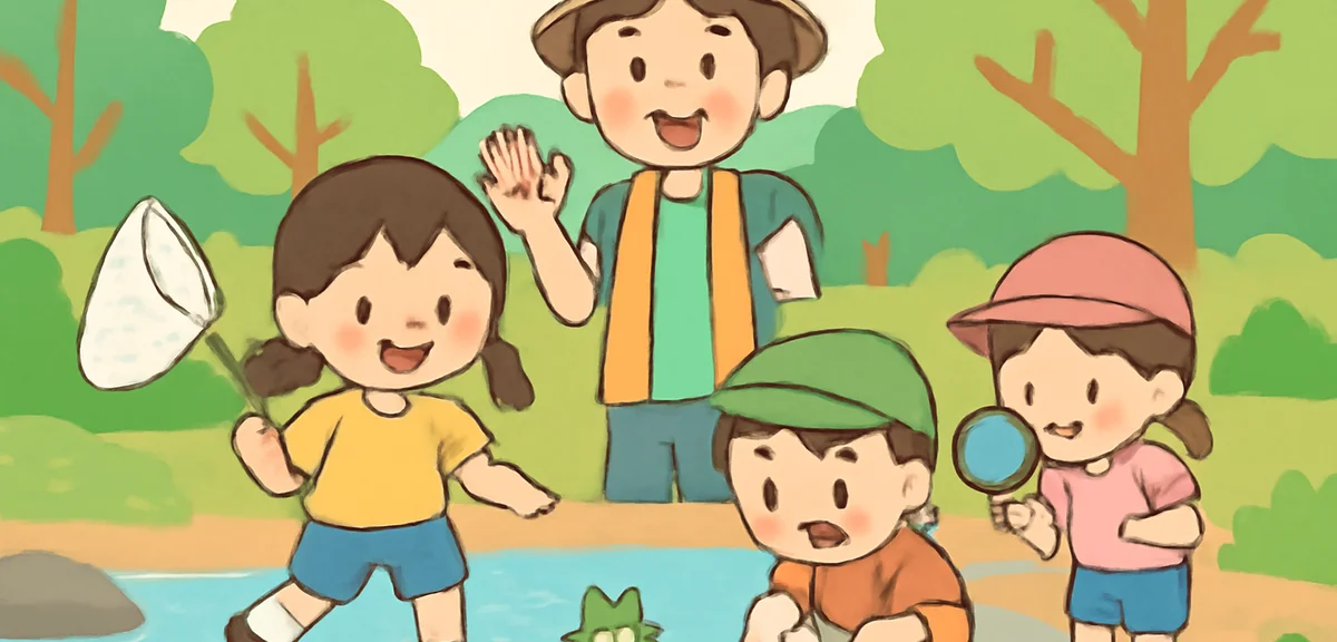 Children participating in outdoor nature activities at a summer camp, exploring a river and forest w