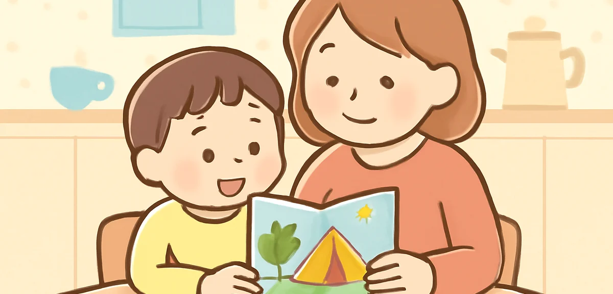 A parent and child reviewing a camp brochure together at a kitchen table, calm and reassuring mood, 