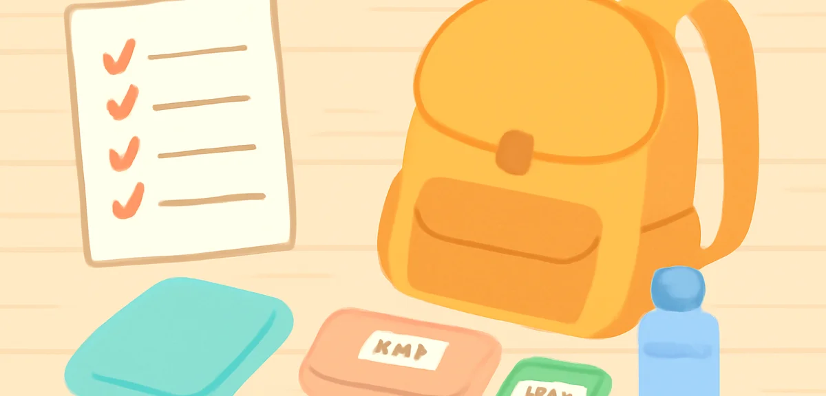 A checklist and neatly packed camp luggage on a wooden floor, including a backpack, towel, name-labe