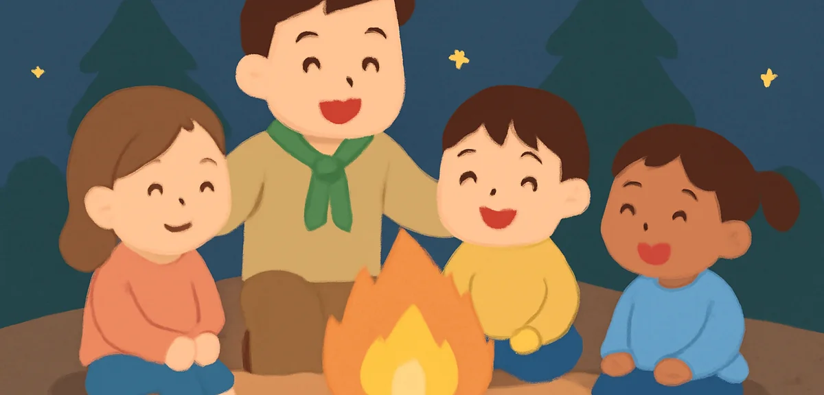 Children gathered around a campfire at night with a counselor, smiling and safe, gentle warm lightin
