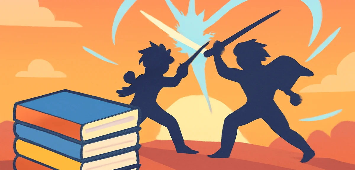 Dynamic illustration of dramatic battle and adventure manga themes, silhouettes of heroes with sword