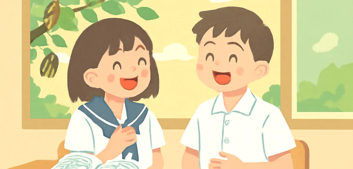 School classroom in summer with cicadas, students in summer uniforms laughing near a window, cherry