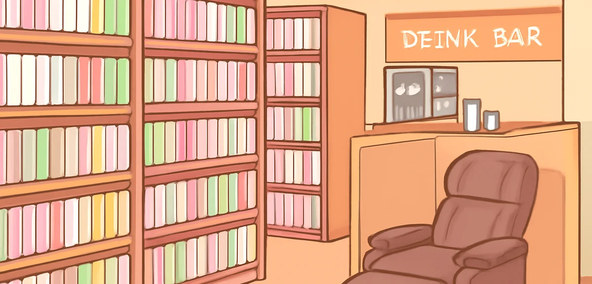 Manga cafe interior with rows of bookshelves filled with manga, private booth with reclining chair,