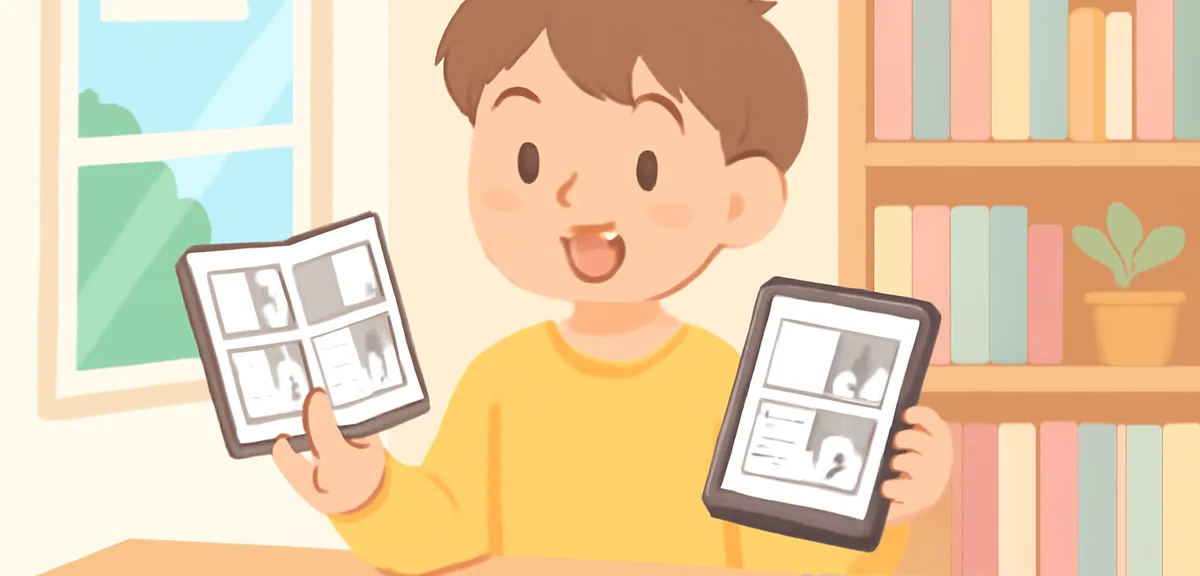 A teenager comparing a paper manga volume in one hand and a tablet showing digital manga in the othe