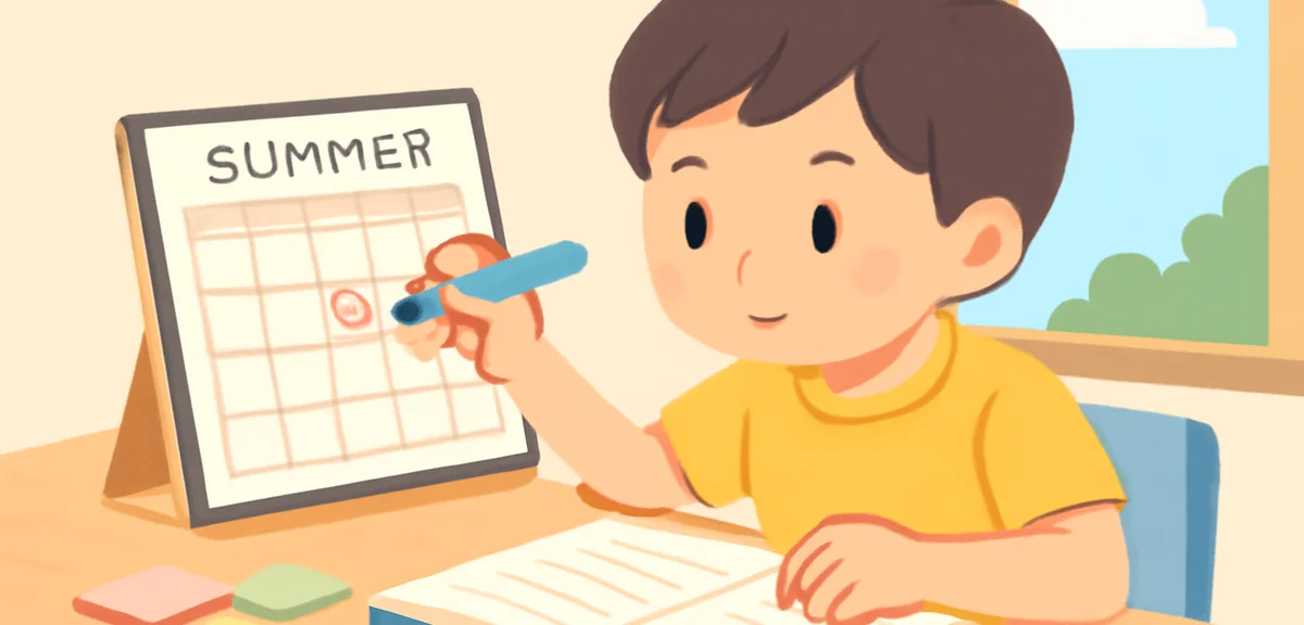 A Japanese elementary school student looking at a calendar and planning summer research themes with