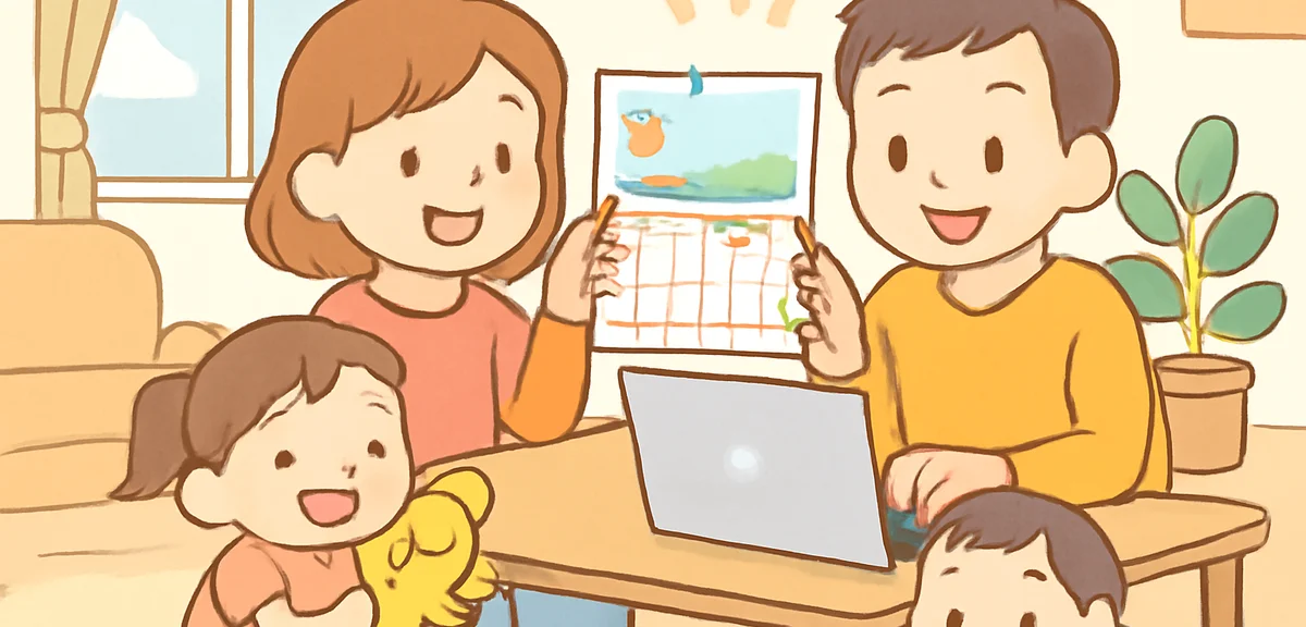 Japanese parents looking at calendar and laptop planning summer family trip, kids playing nearby, co