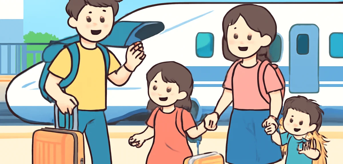 Japanese family with kids boarding a shinkansen bullet train in summer, suitcases and backpacks, sta