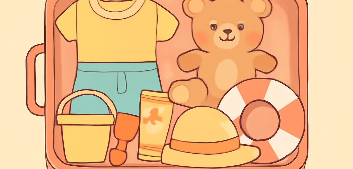 Open suitcase with neatly organized clothes, toys, sunscreen, and travel essentials for kids summer