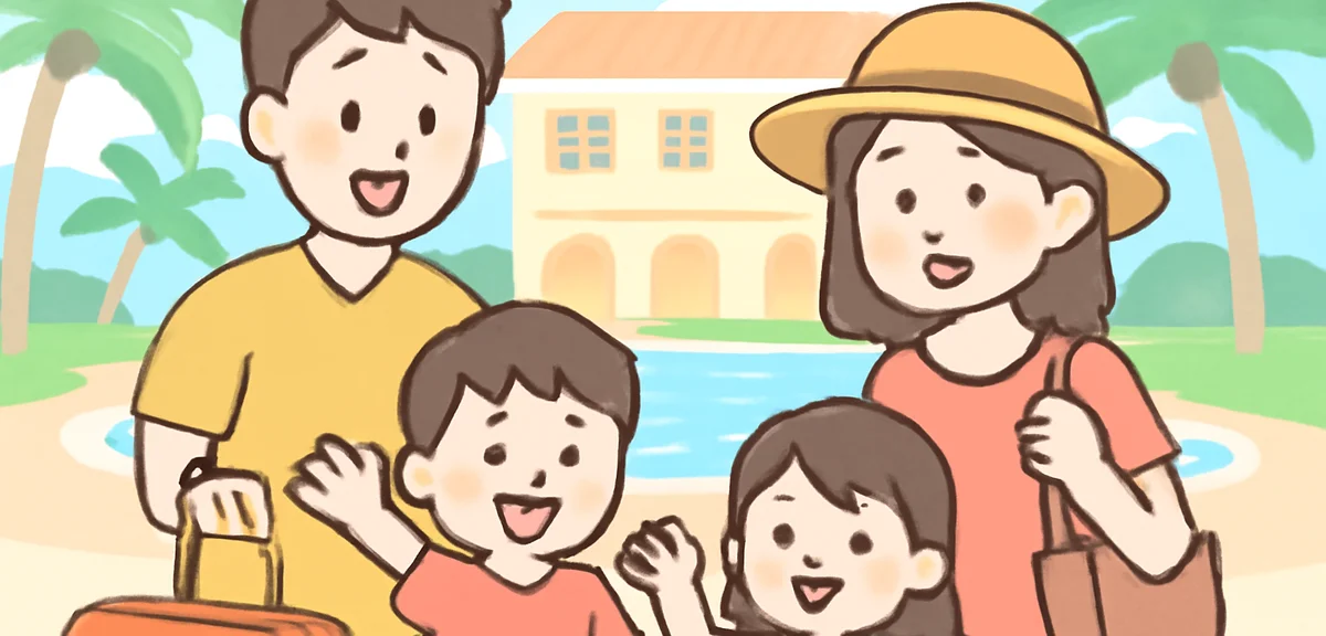 Japanese family enjoying summer vacation at a hotel with happy children, parents smiling, resort set
