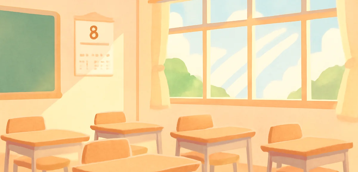 A Japanese classroom with empty desks in summer, sunlight streaming through windows, a calendar on t