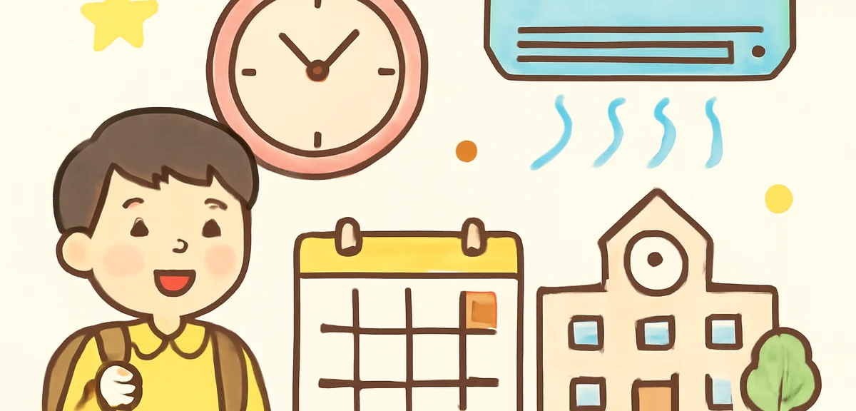 Infographic style illustration showing factors of school schedule changes in Japan, learning hours, 