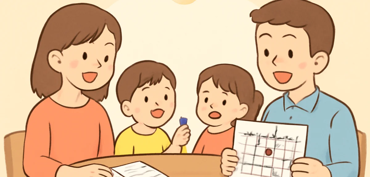 A Japanese family discussing summer plans at a dining table, parents and children with a calendar an