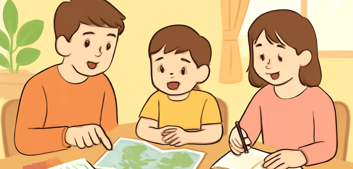 Parents and children sitting at a dining table with a calendar, map, and notebook, planning a summer