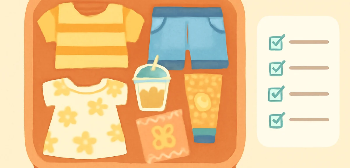 A neatly organized suitcase with kids' clothes, snacks, sunscreen, and a checklist on the side, top-