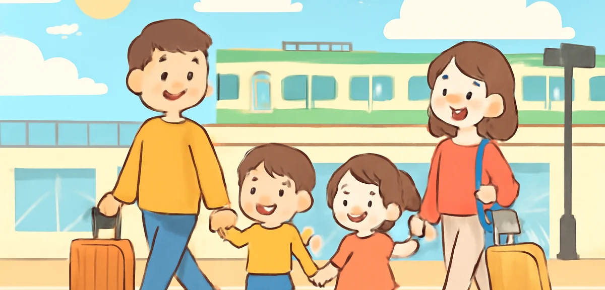 A family with young children walking through a sunny train station with luggage, bright summer sky, 