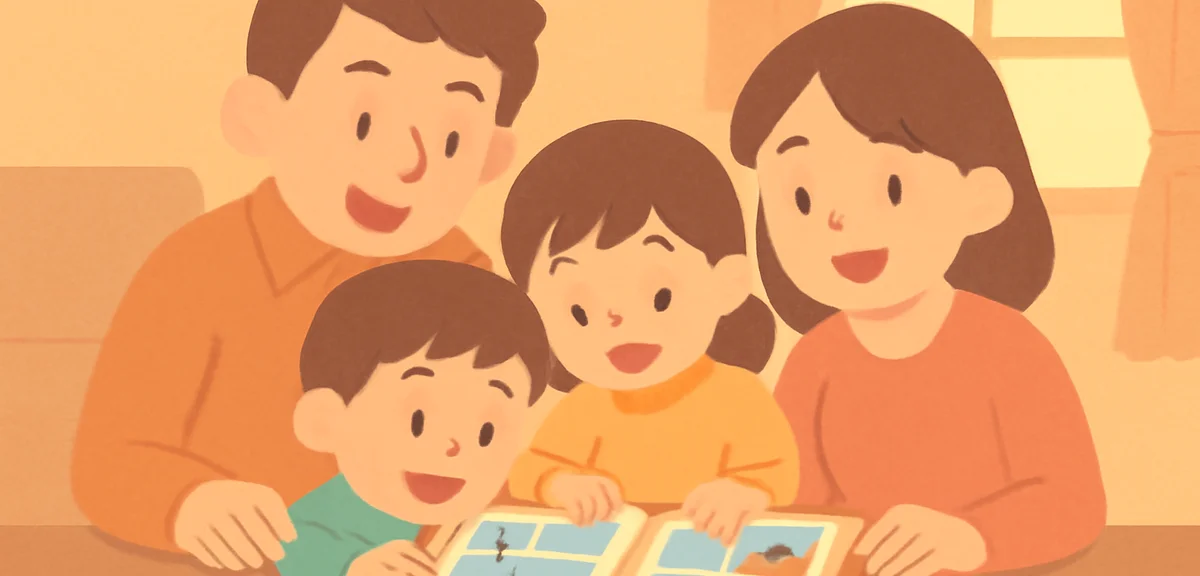 Parents and kids looking at travel photos in a photo album back home, warm evening light, smiling fa