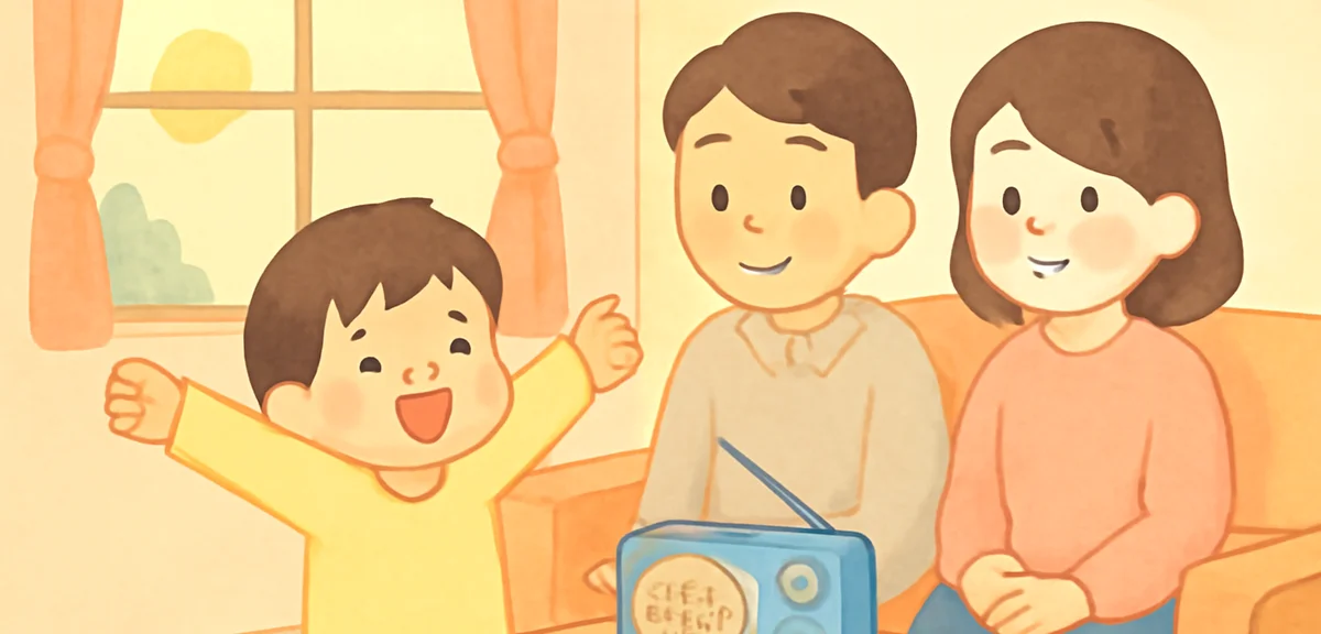 Japanese family listening to a small portable radio in the living room at 6:30 AM, child stretching