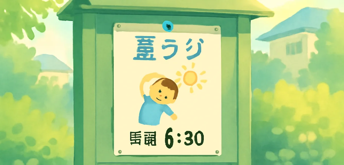 Local community bulletin board in a Japanese neighborhood with a paper notice about summer radio exe