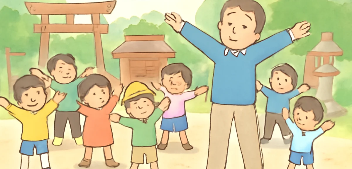 Group of Japanese children and a few adults doing radio exercises together in a shrine grounds early