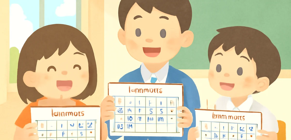 Japanese students of various ages comparing calendars showing different summer vacation lengths, cla
