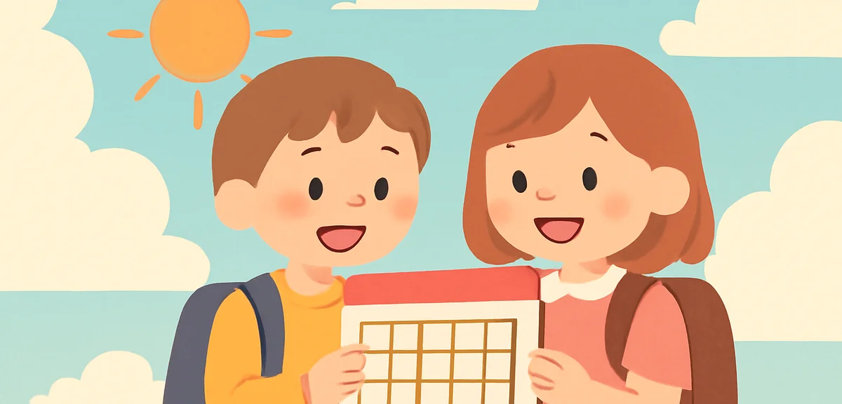 Elementary and junior high school students with backpacks holding calendars, summer sky background w