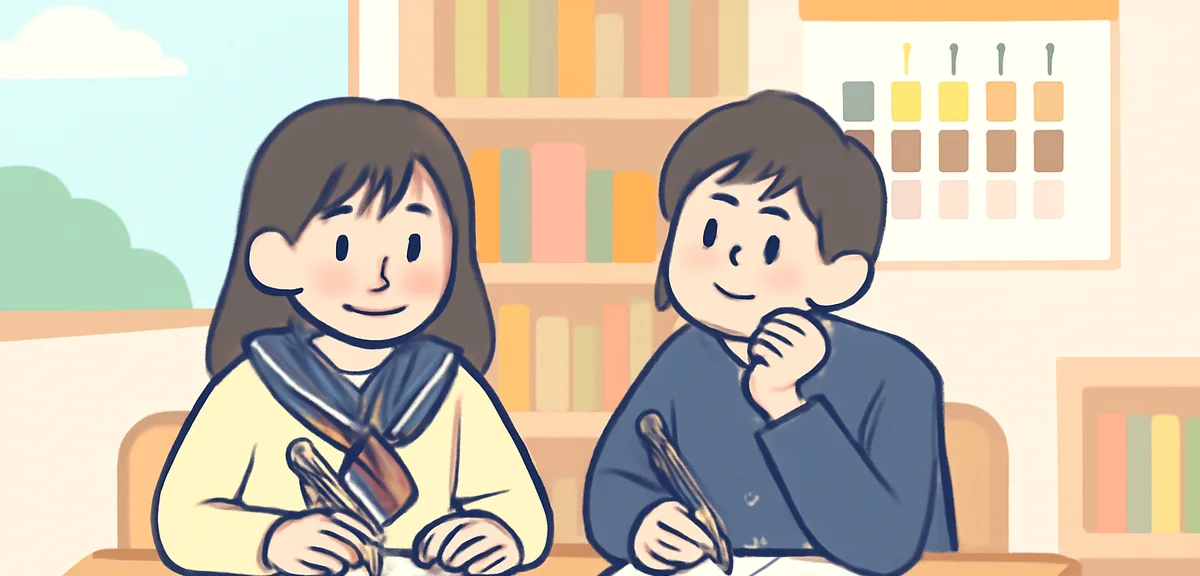 Japanese high school students studying during summer vacation in a library, with calendar showing sh