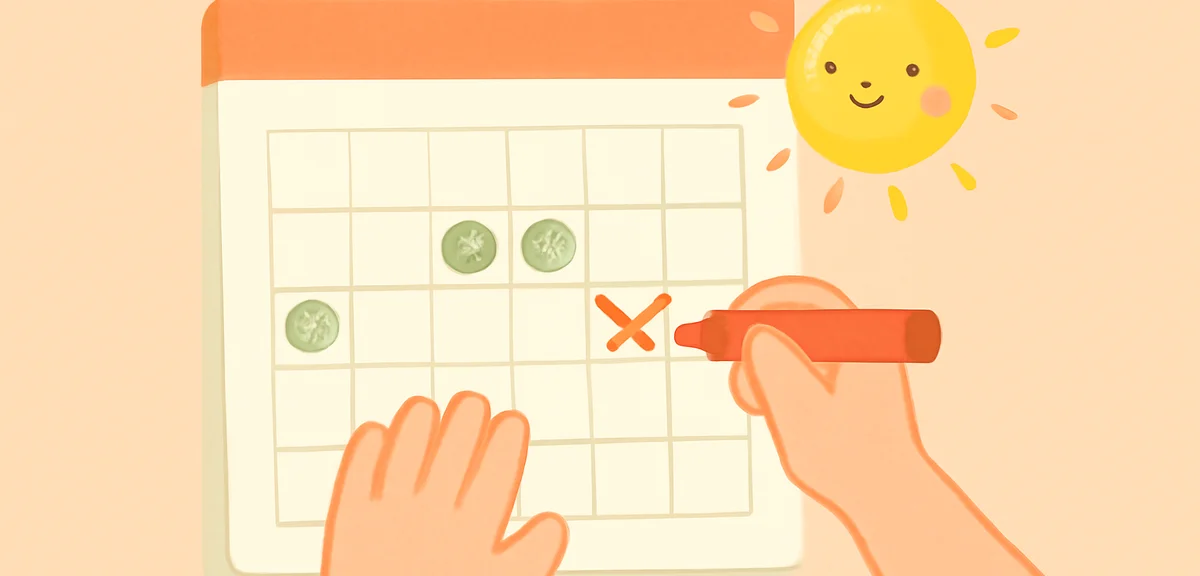 A wall calendar with countdown stickers and smiling sun illustration, children's hands placing a red