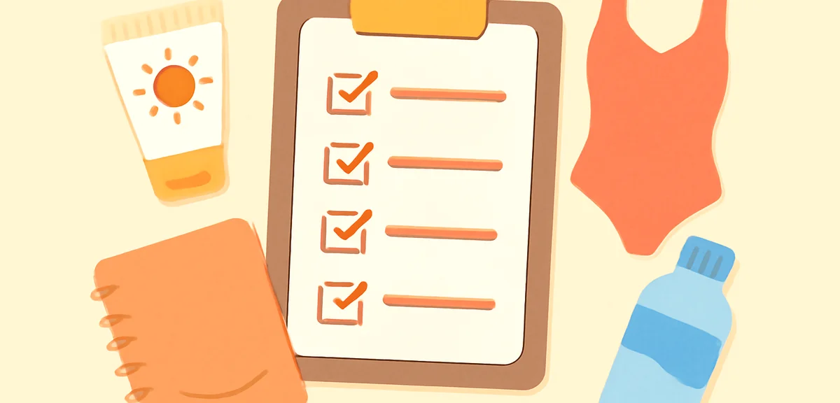 Organized checklist on a clipboard with summer items like sunscreen, swimsuit, notebook, and water b