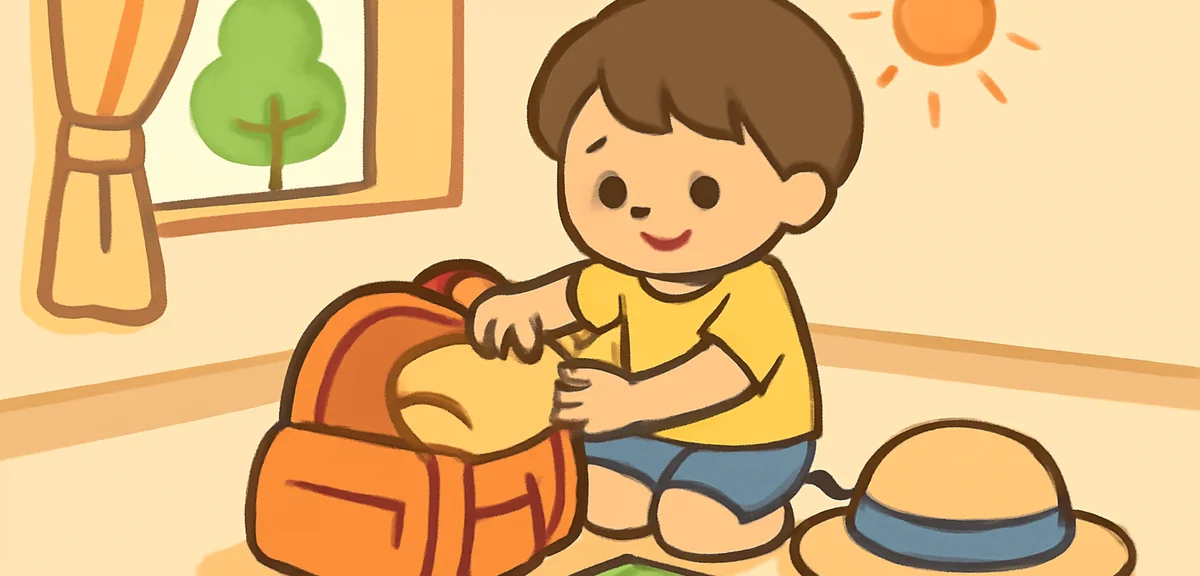 A child packing a backpack with summer essentials, towel, hat, sketchbook on a tidy room floor, warm