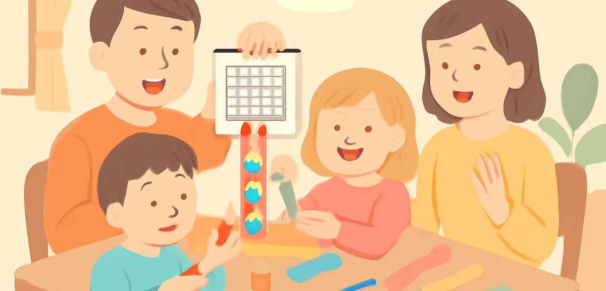 Family making a paper chain countdown calendar together at a dining table, colorful paper rings, sci