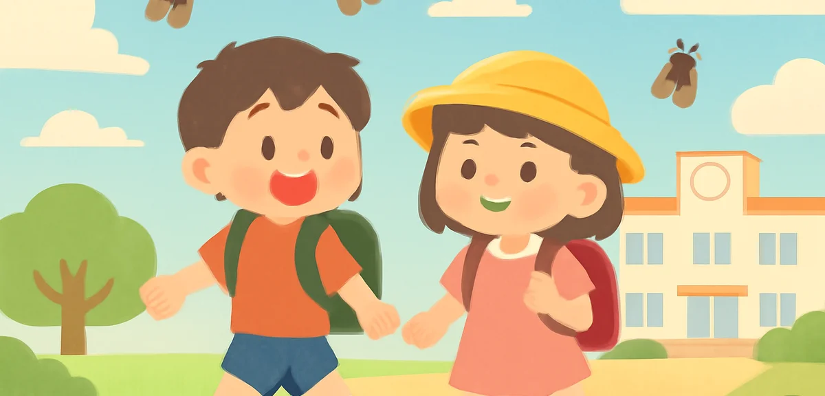 Japanese elementary school students walking home in summer with cicadas and bright blue sky, traditi