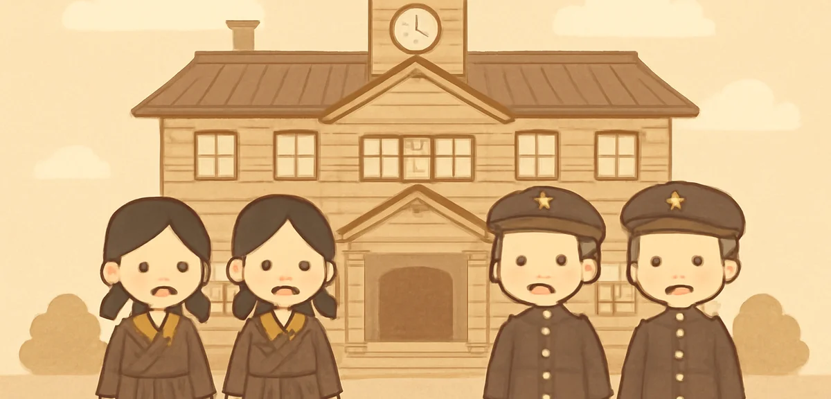 A historical Meiji-era Japanese school building with wooden architecture, students in traditional un