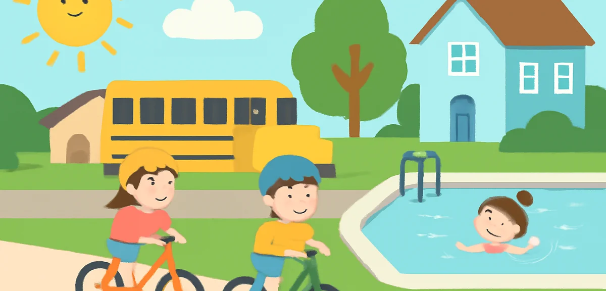 American suburban neighborhood in summer with children riding bikes, swimming pool, and yellow schoo