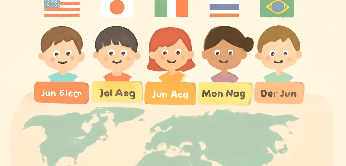 World map with various country flags and school children icons, comparing summer vacation periods, i