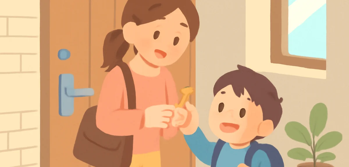A Japanese mother and child checking a house key together near the front door before leaving for wor