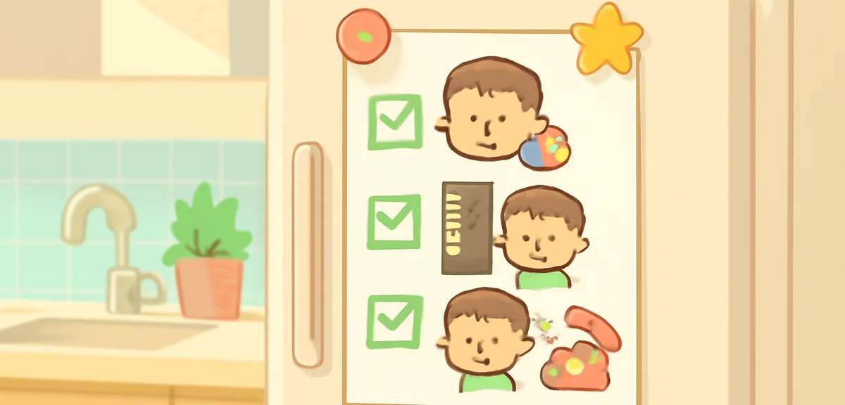 A checklist illustration on a refrigerator with magnets, showing house rules for kids staying home a