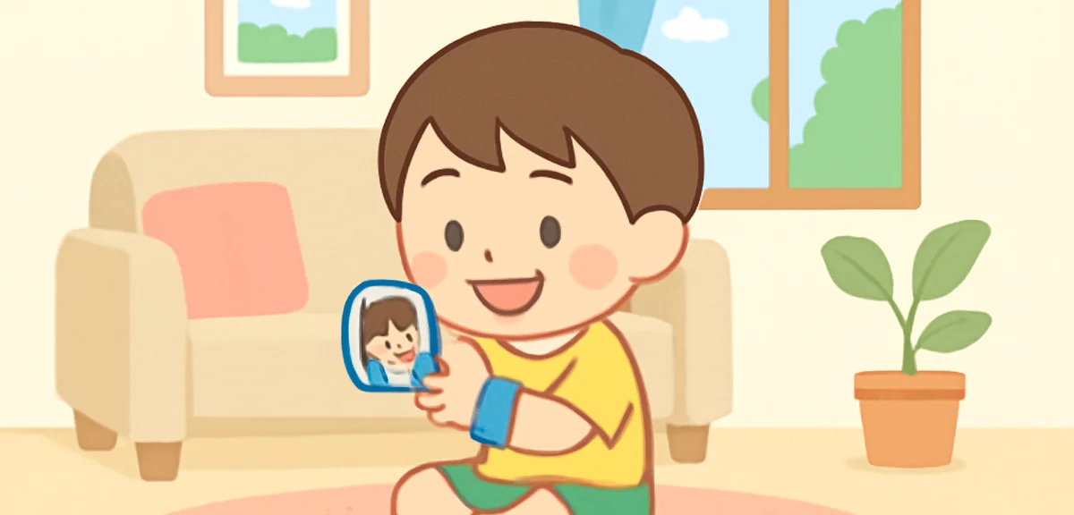 A child using a kids smartphone or GPS watch in a Japanese home, smiling while video calling parent,