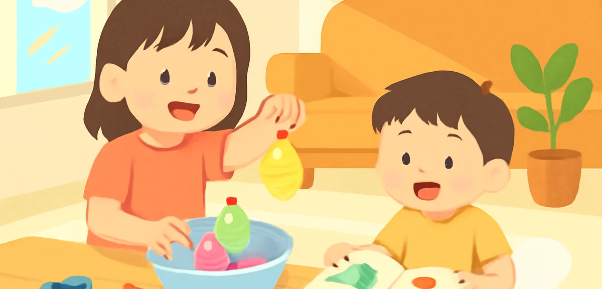 Two young Japanese first and second grade siblings doing summer crafts, water balloon play and readi