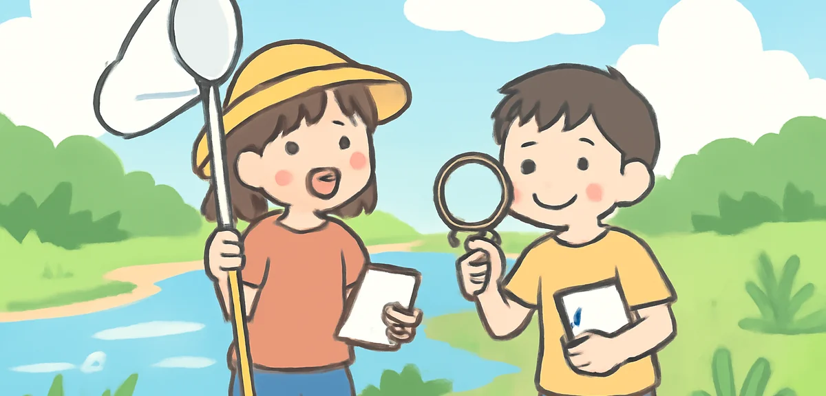 Japanese third and fourth grade elementary students exploring a riverside with insect nets, magnifyi