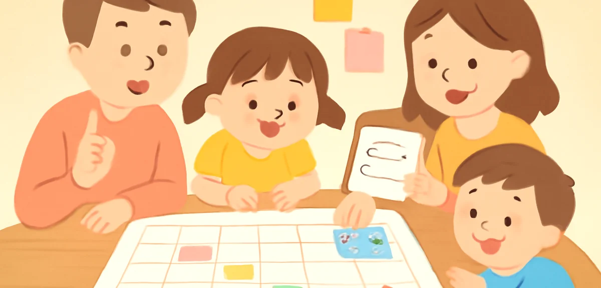 A Japanese family of four planning a summer vacation together with a big calendar, sticky notes, che