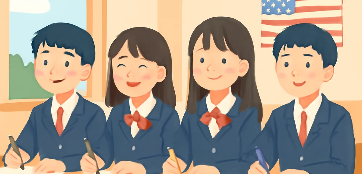A group of Japanese high school students attending an English summer program in a bright classroom a